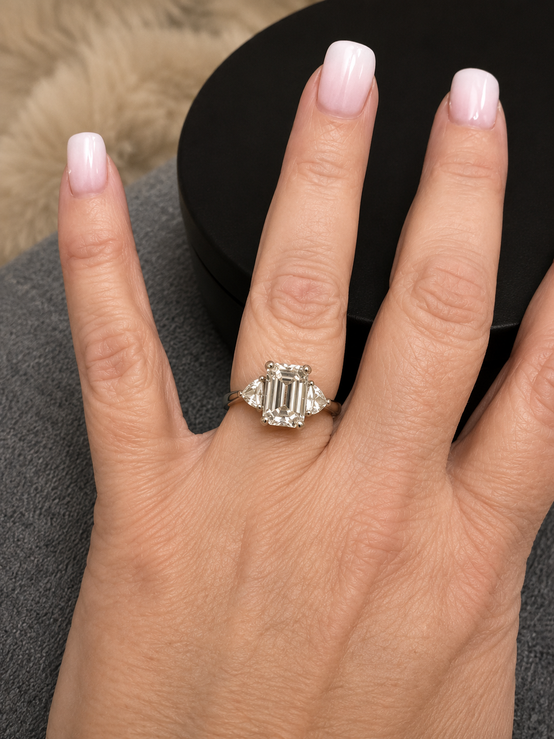 3 Carat Emerald-Cut Lab Diamond Three-Stone Ring — Platinum, IGI Certified, Size 7