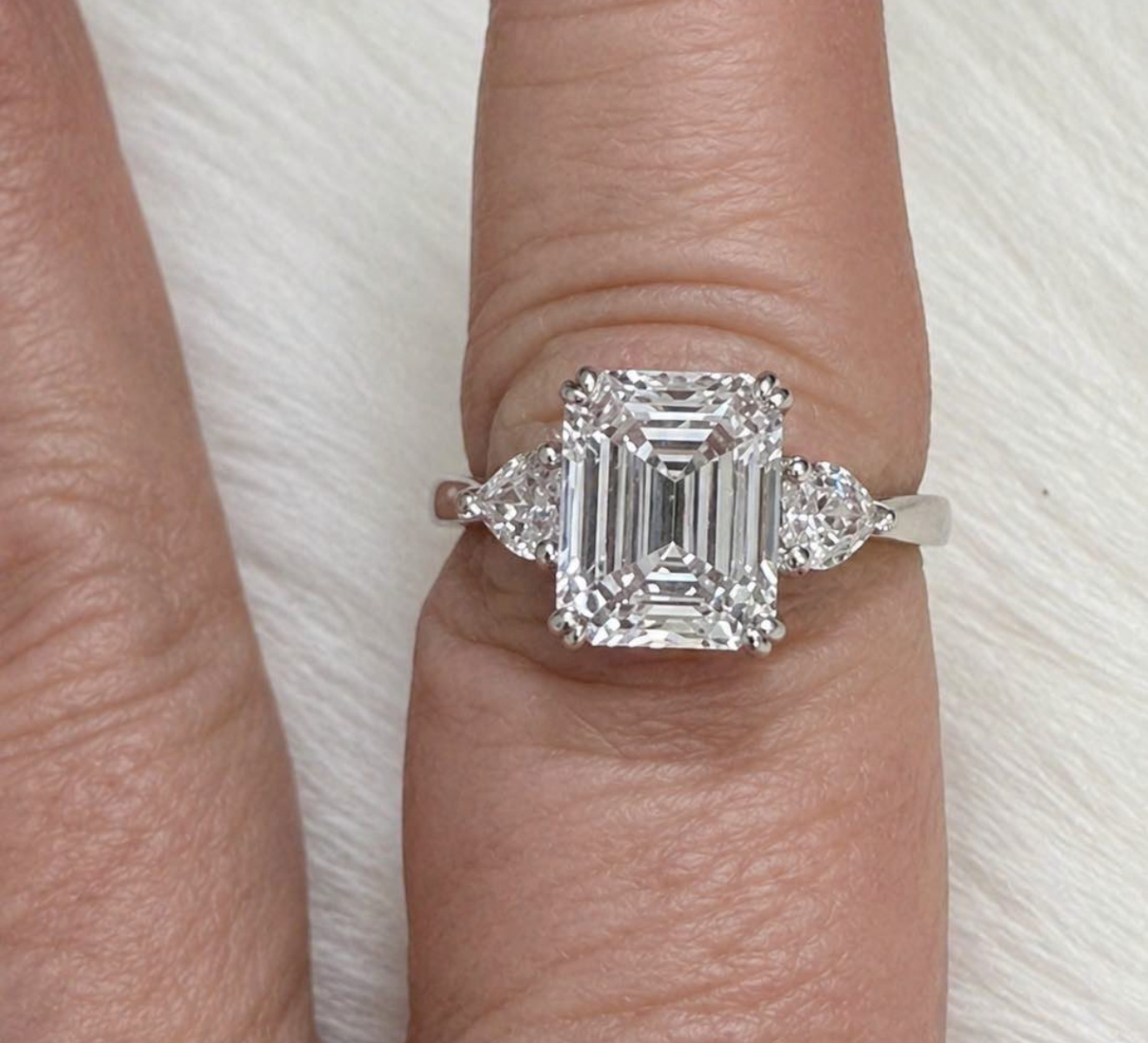 3 Carat Emerald-Cut Lab Diamond Three-Stone Ring — Platinum, IGI Certified, Size 7