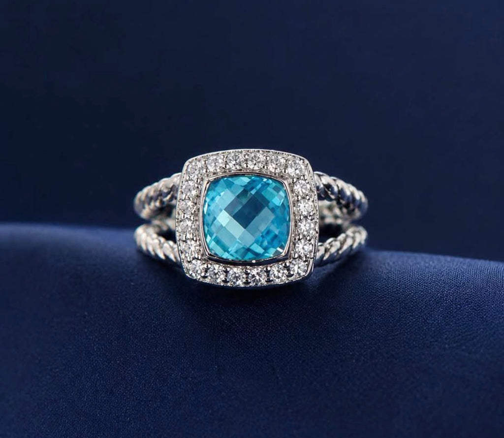 David Yurman Petite Albion Ring — Blue Topaz & Diamonds, Size 7
