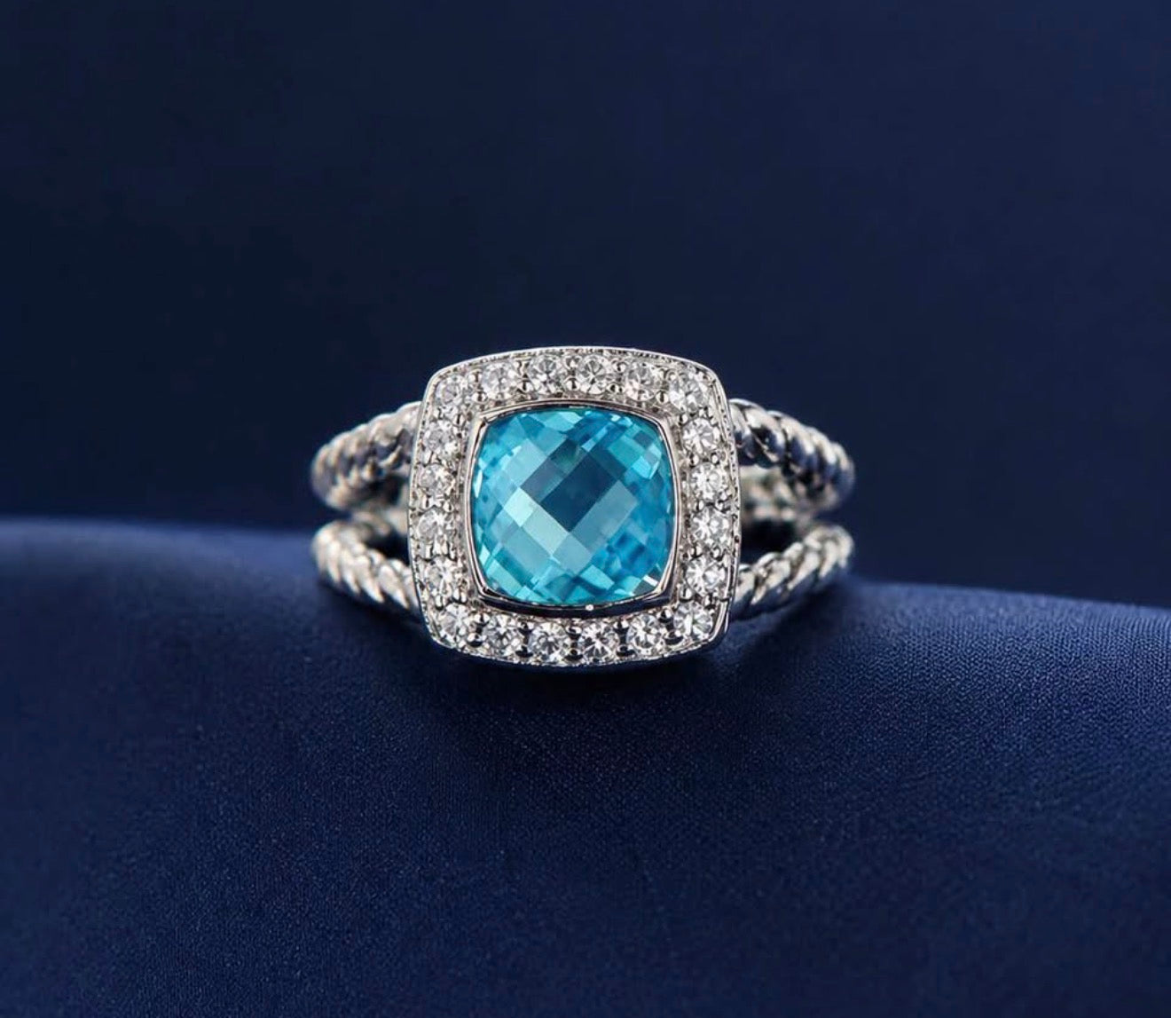 David Yurman Petite Albion Ring — Blue Topaz & Diamonds, Size 7
