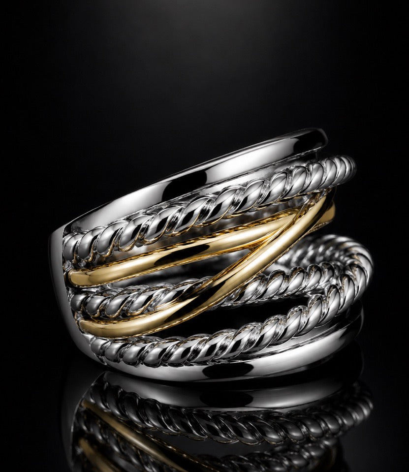 David Yurman Crossover Wide Ring — Sterling Silver & 18K Gold, Size 7