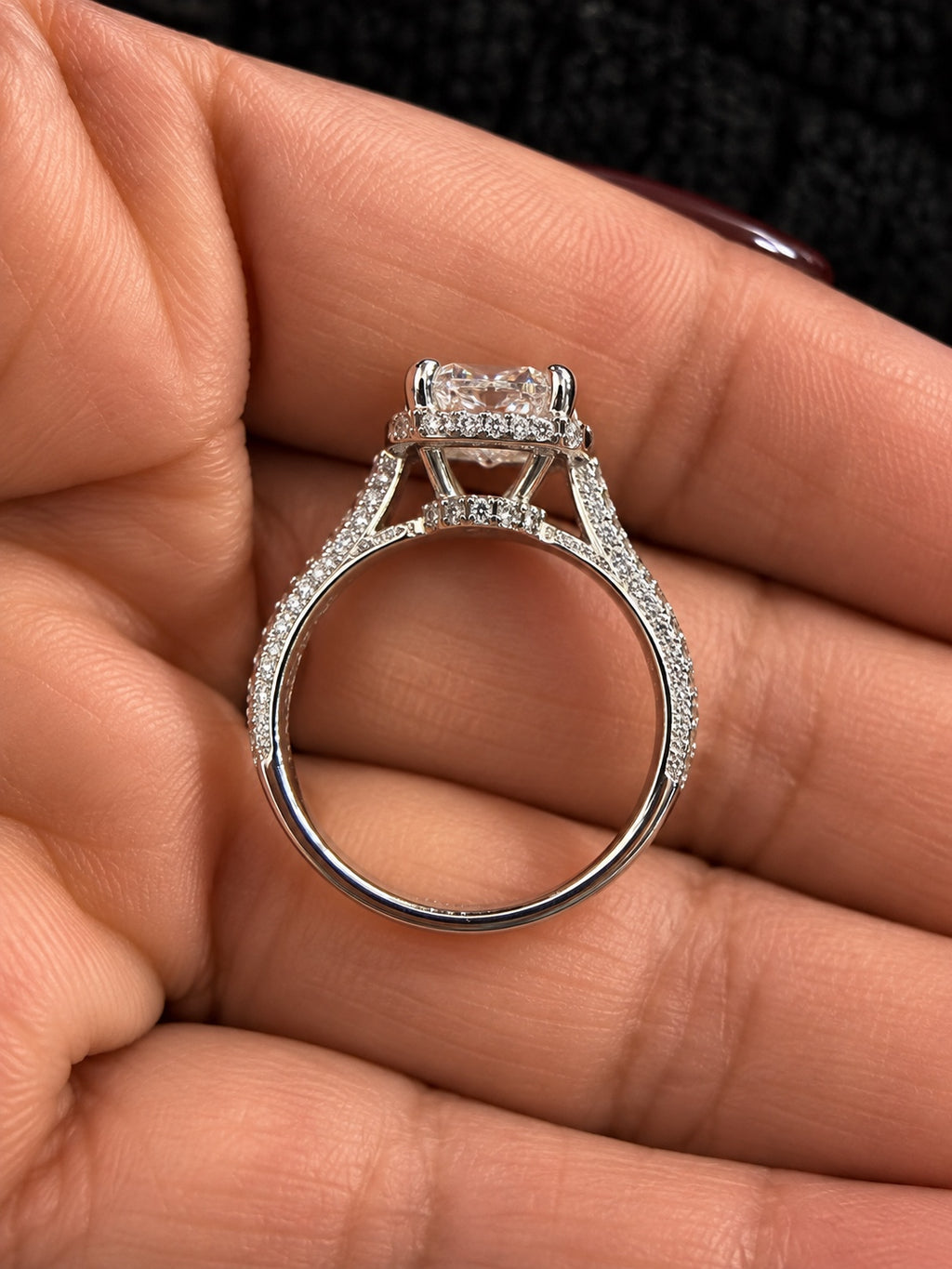 1.75 CTW Round Lab-Grown Diamond Halo Cathedral Pavé Ring in 14K White Gold Size 7 - Cathedral Gallery & Pavé Bridge Profile