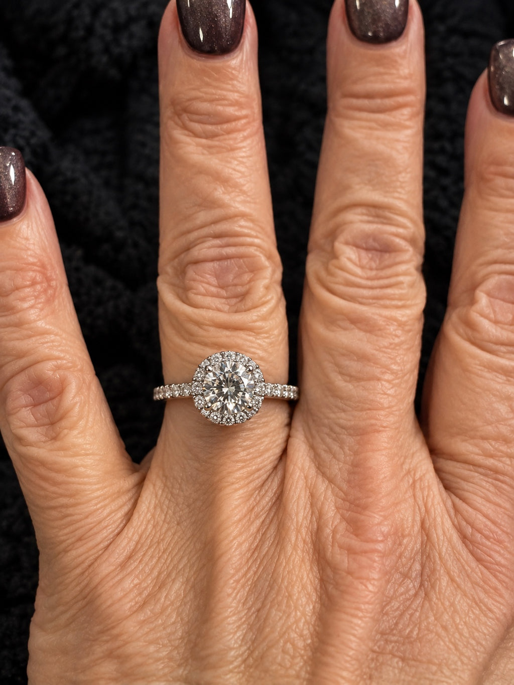 1.75 CTW Round Lab-Grown Diamond Halo Cathedral Pavé Ring in 14K White Gold Size 7 - On Hand Close-Up View