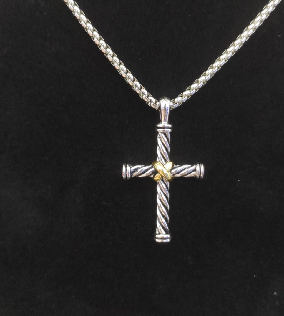 David Yurman X Cross Pendant Necklace — Sterling Silver & Gold, 20"