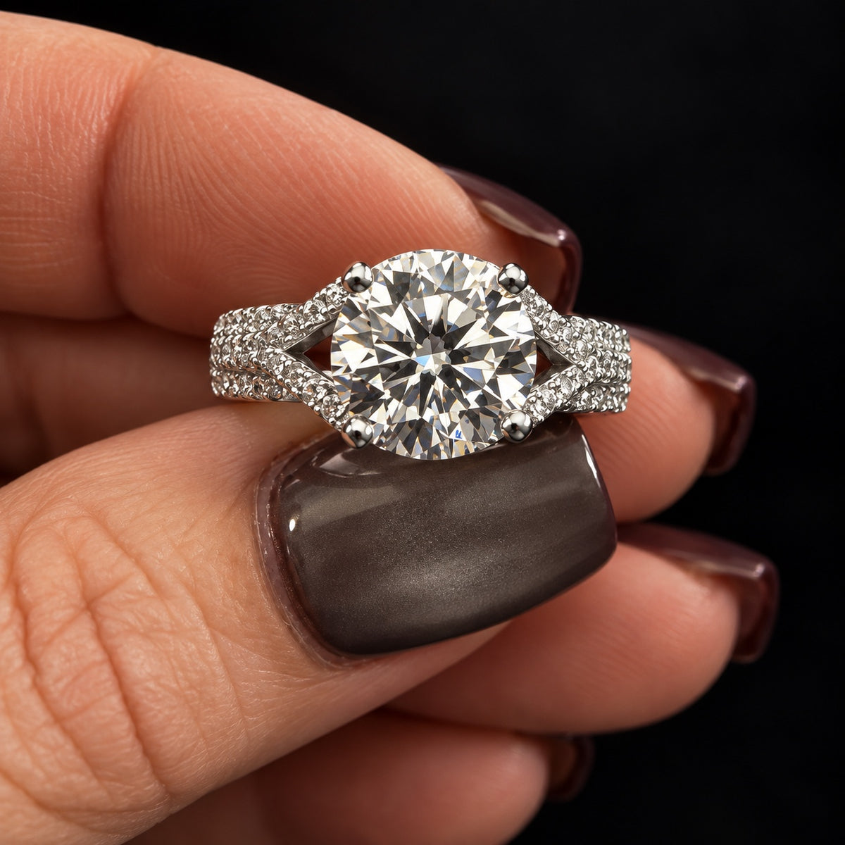 2.5 Carat Round Lab-Grown Diamond Crossover Split-Shank Pavé Ring in Platinum Size 7 - Front Close-Up