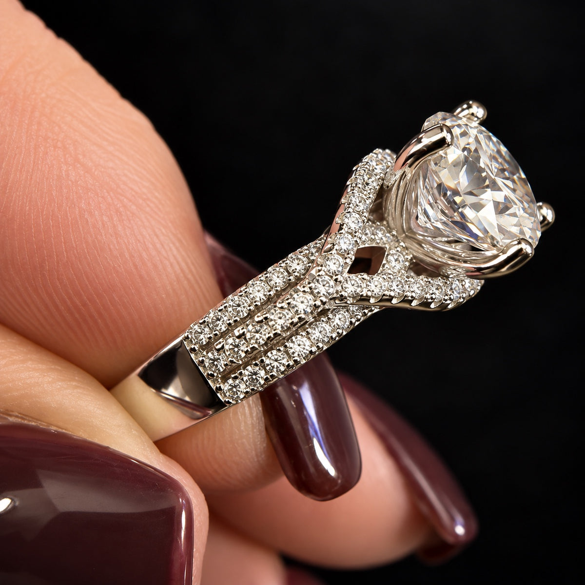 2.5 Carat Round Lab-Grown Diamond Crossover Split-Shank Pavé Ring in Platinum Size 7 - Triple-Row Pavé Shoulder Detail