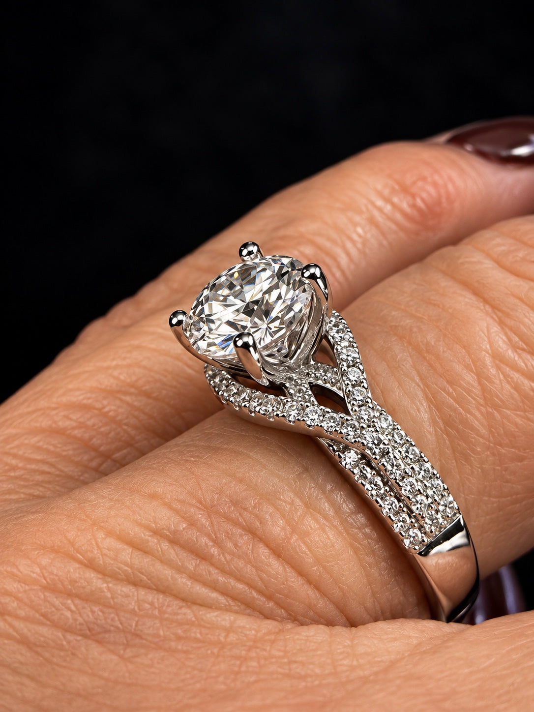 2.5 Carat Round Lab-Grown Diamond Crossover Split-Shank Pavé Ring in Platinum Size 7 - On Hand Angled Gallery View