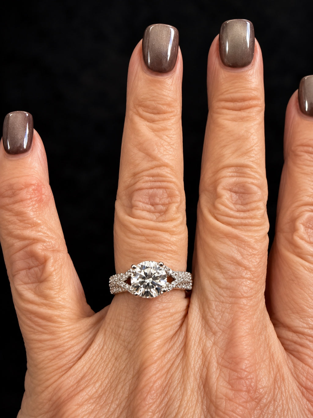 2.5 Carat Round Lab-Grown Diamond Crossover Split-Shank Pavé Ring in Platinum Size 7 - Full Hand View