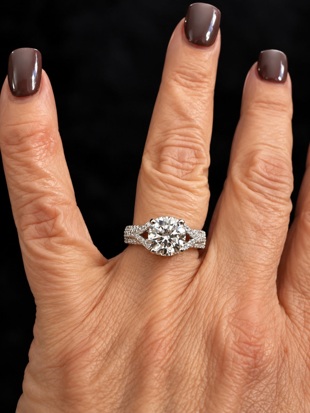 2.5 Carat Round Lab-Grown Diamond Crossover Split-Shank Pavé Ring in Platinum Size 7 - On Hand Top View