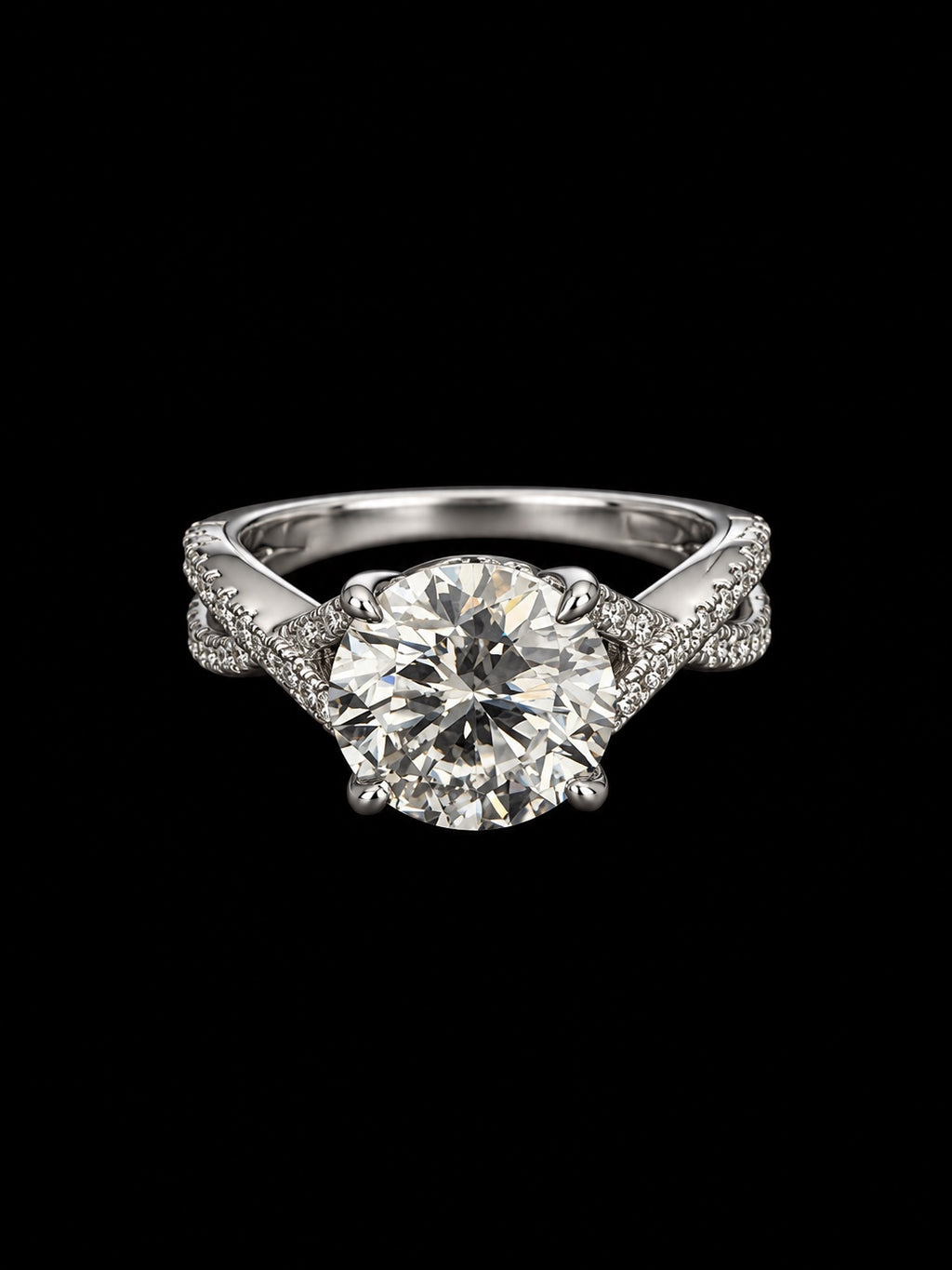 Angled view of crossover pavé platinum band