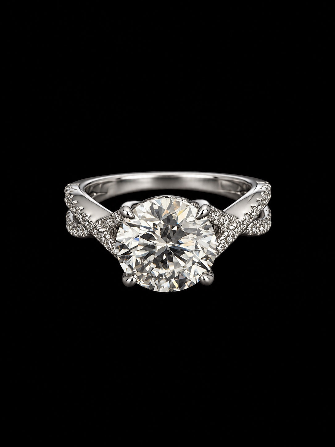 Angled view of crossover pavé platinum band