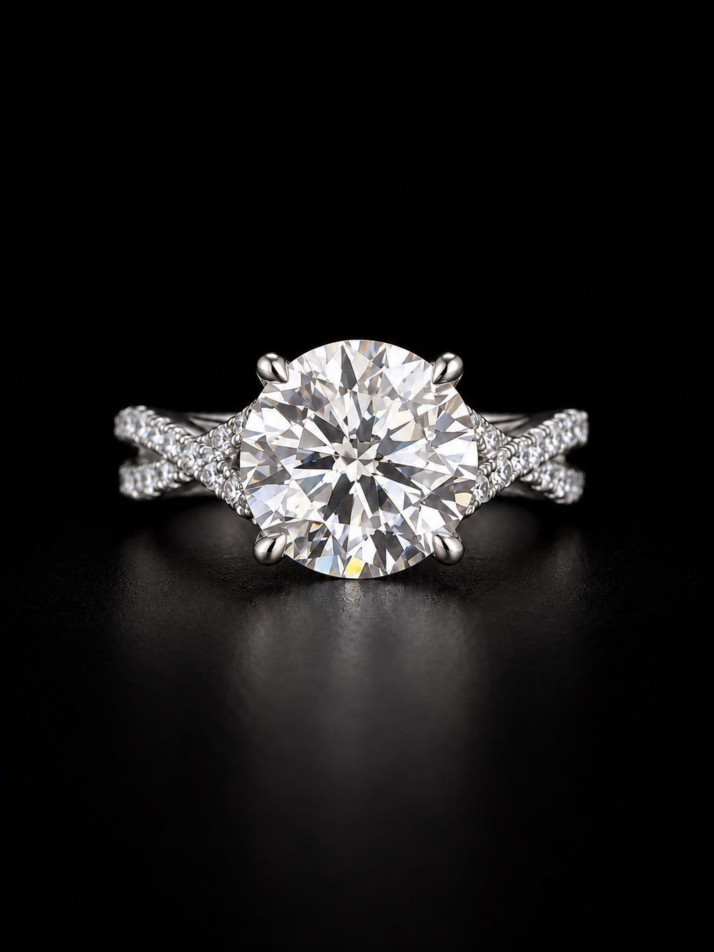 2.5 CTW round lab-grown diamond crossover pavé ring in platinum, front view