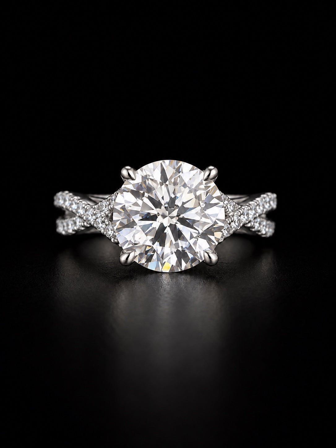 2.5 CTW round lab-grown diamond crossover pavé ring in platinum, front view