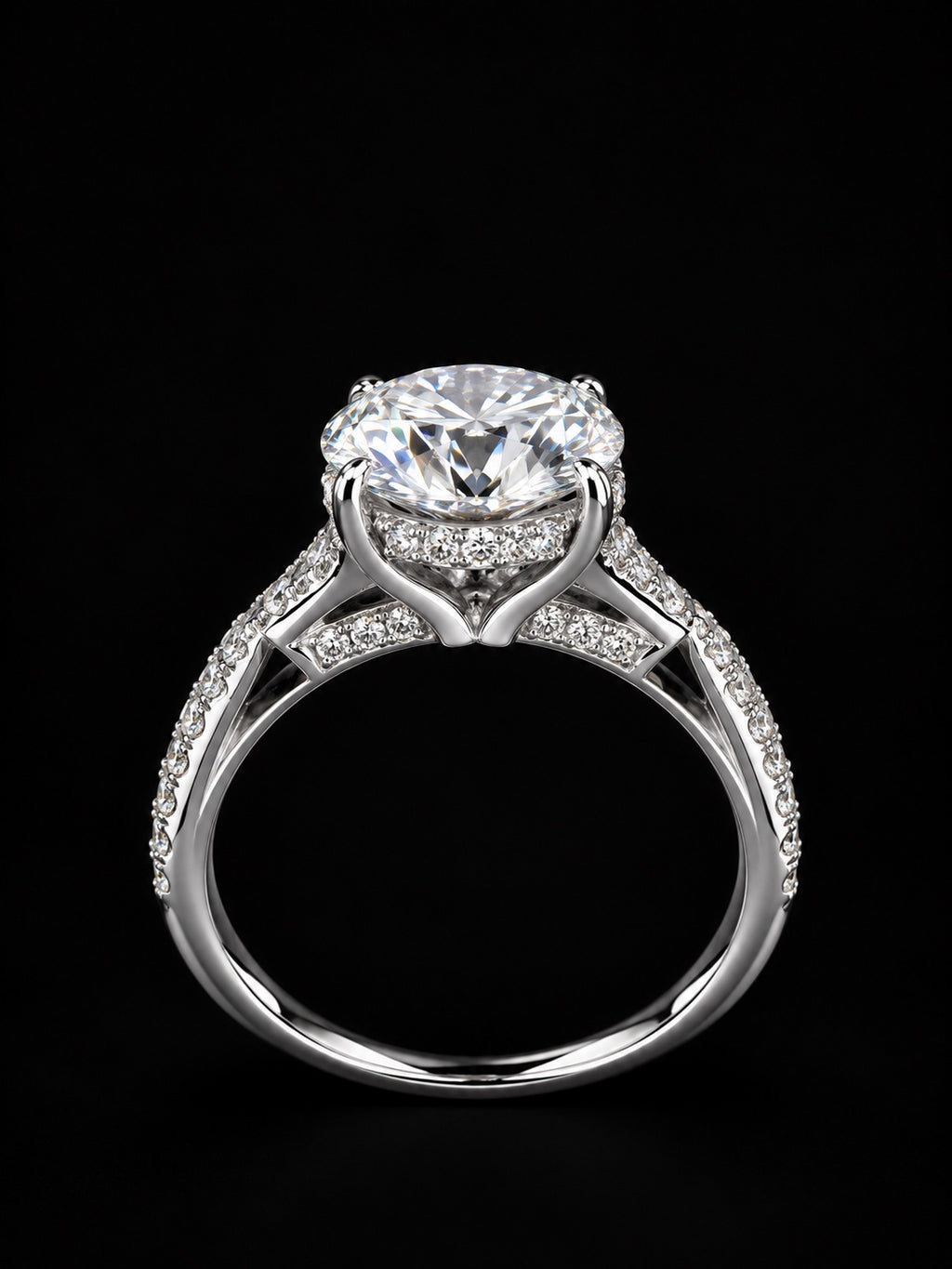 Profile view showing hidden pavé halo and cathedral setting