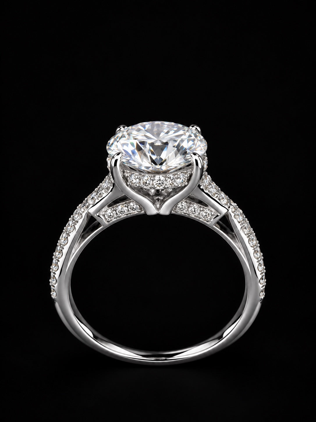 Profile view showing hidden pavé halo and cathedral setting