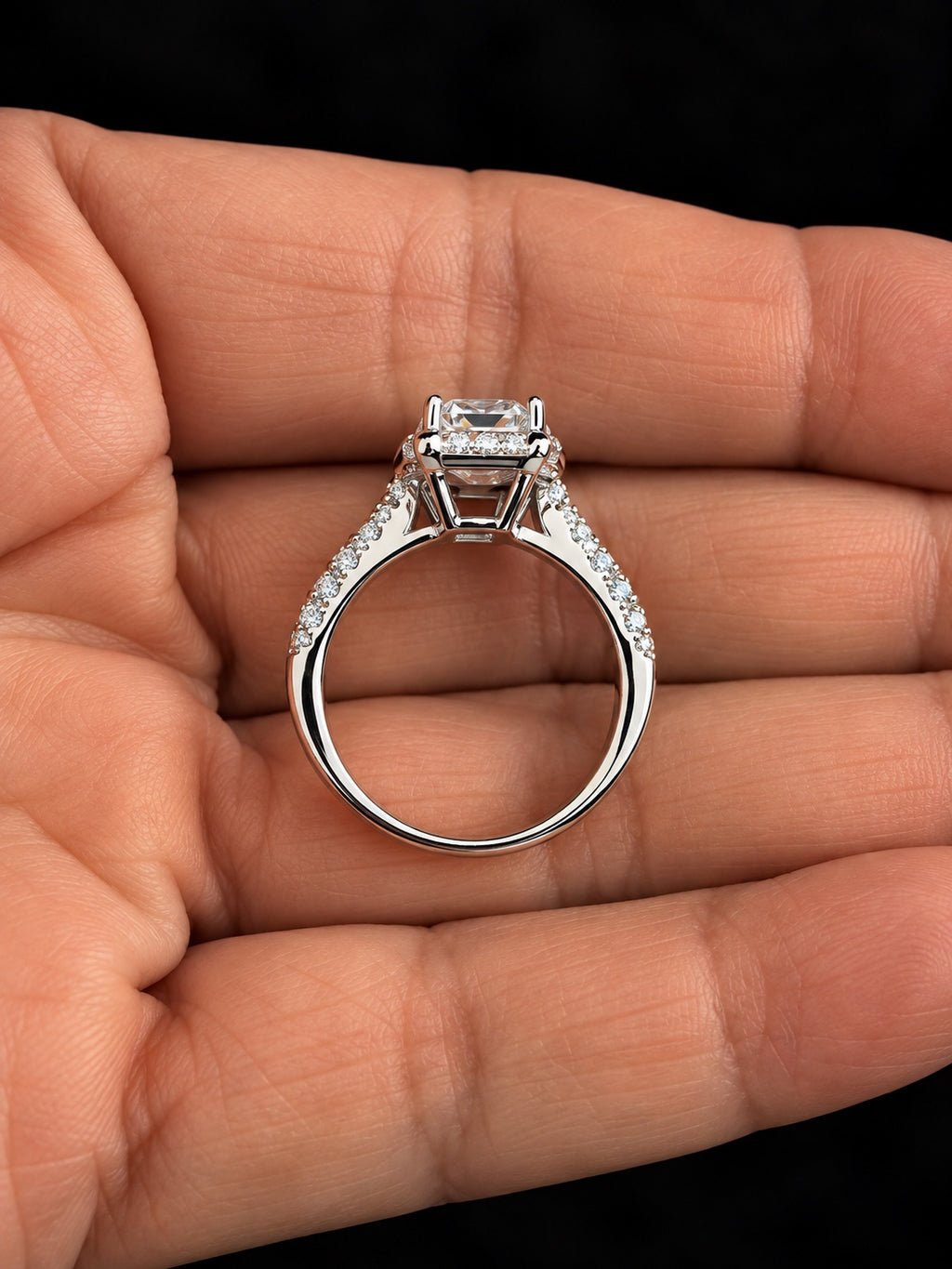 2 Carat Radiant-Cut Lab-Grown Diamond Halo Cathedral Pavé Ring in Pt950 Platinum Size 7 - Cathedral Side Profile