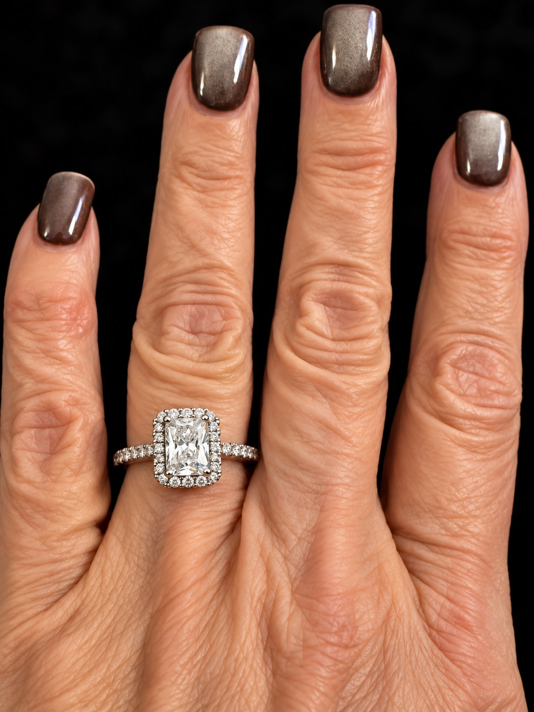 2 Carat Radiant-Cut Lab-Grown Diamond Halo Cathedral Pavé Ring in Pt950 Platinum Size 7 - Full Hand View