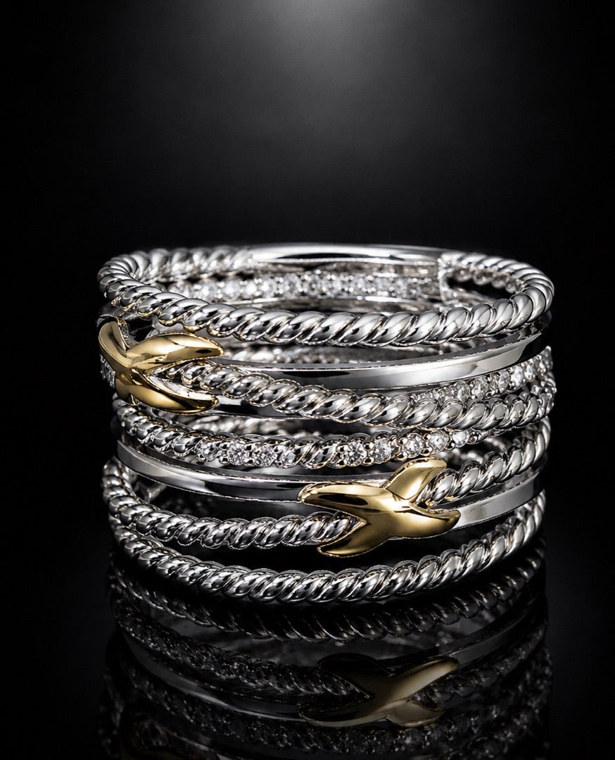 David Yurman X Crossover Multi-Row Ring — Diamonds, Silver & 18K Gold, Size 7