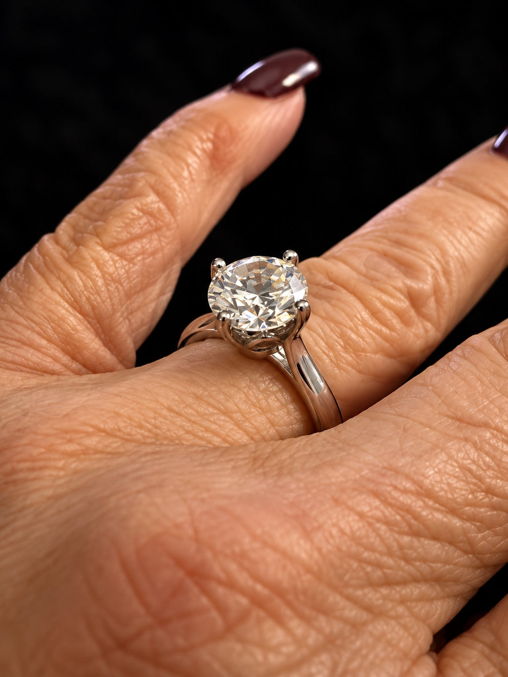 3 Carat Round Lab-Grown Diamond Cathedral Solitaire Ring in Pt950 Platinum Size 7 - On Hand Angled View