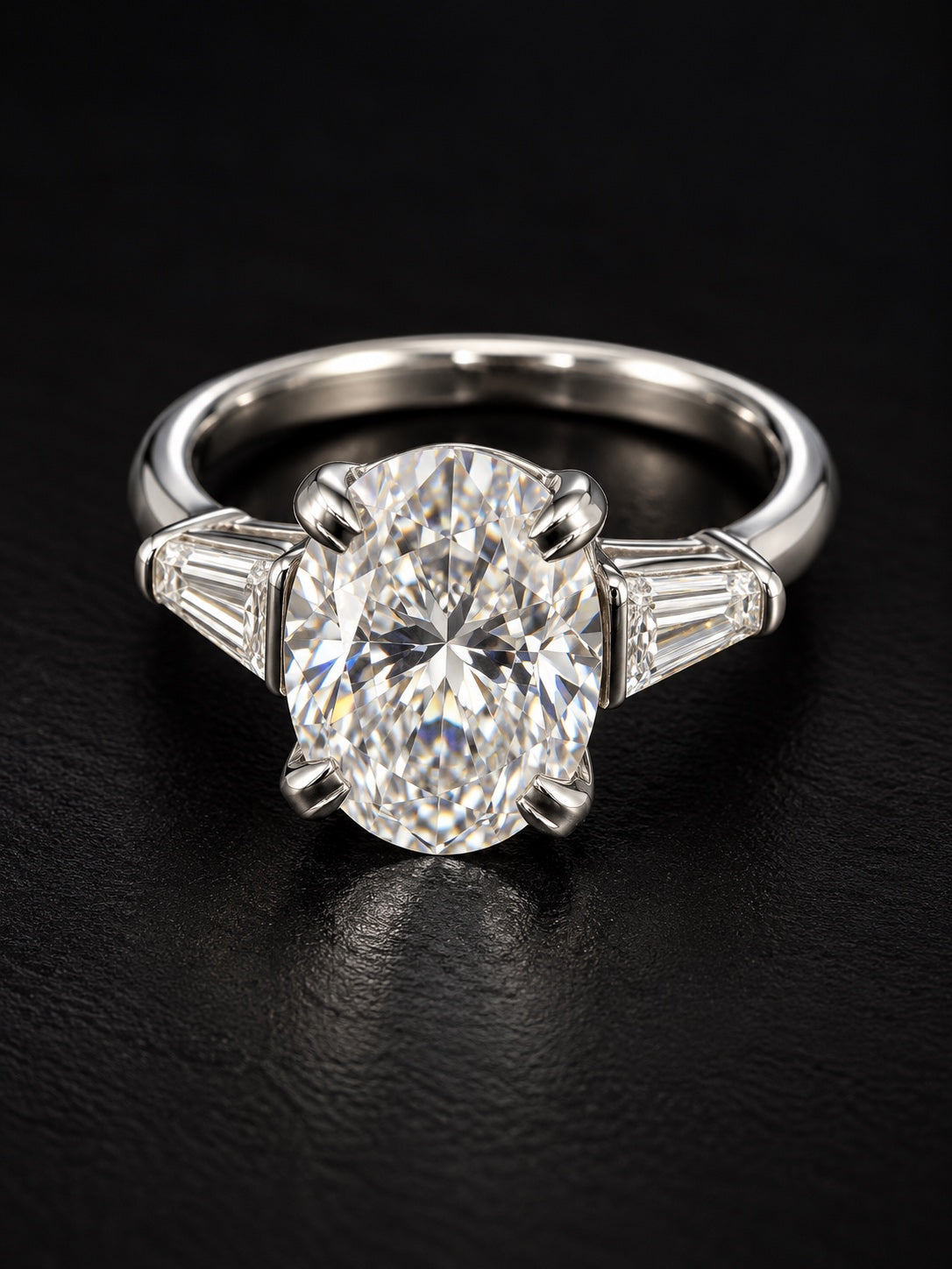Angled view of oval lab-grown diamond three-stone ring with tapered baguettes