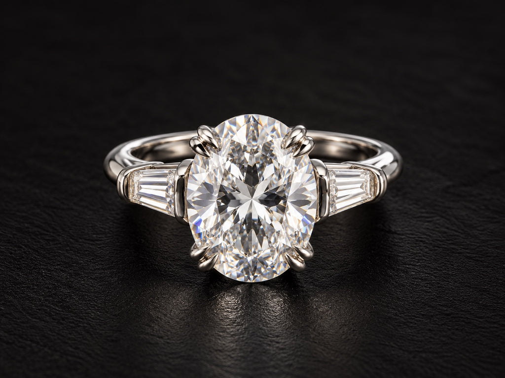 3 CTW oval lab-grown diamond ring with tapered baguette side stones in platinum