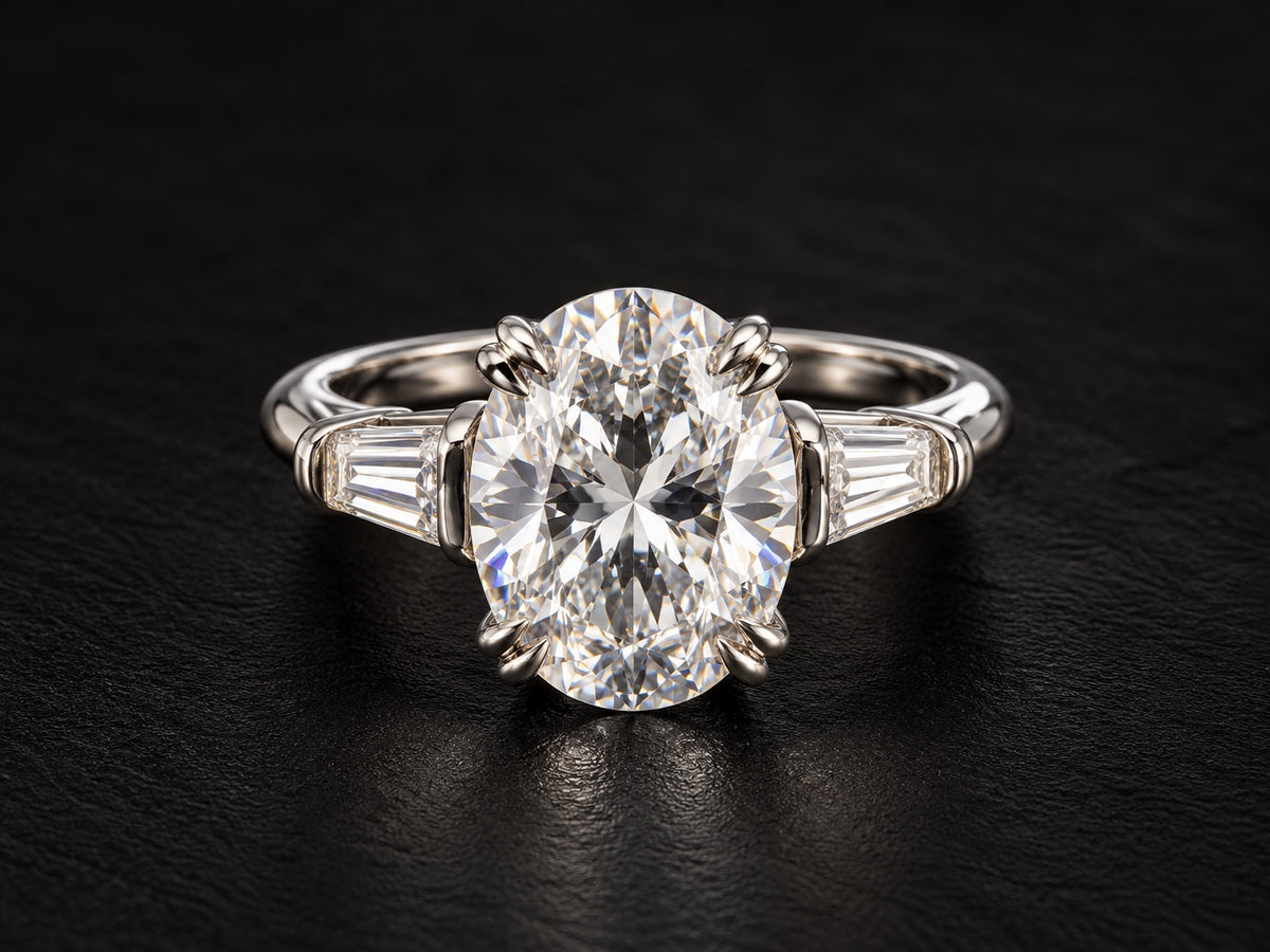3 CTW oval lab-grown diamond ring with tapered baguette side stones in platinum