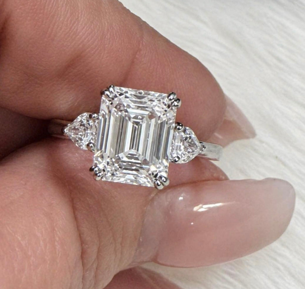 3 Carat Emerald-Cut Lab Diamond Three-Stone Ring — Platinum, IGI Certified, Size 7