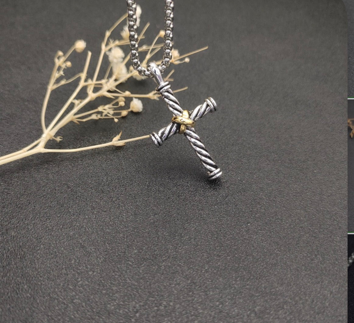 David Yurman X Cross Pendant Necklace — Sterling Silver & Gold, 20"
