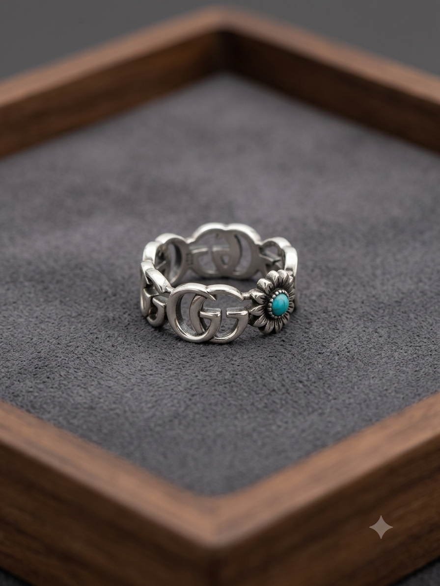 Gucci Double G Flower Ring — Turquoise, Aged Sterling Silver, Size 7