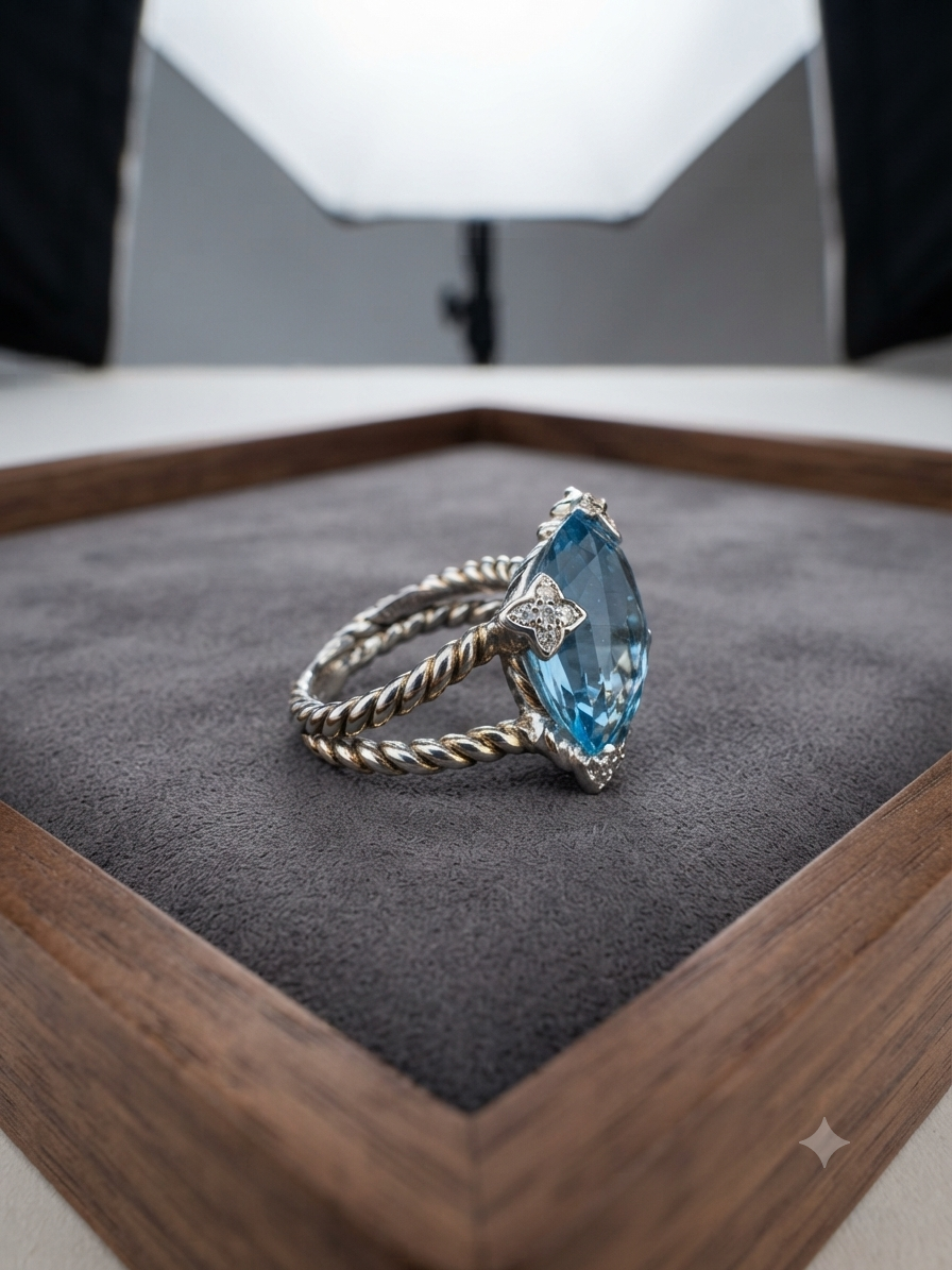 David Yurman Chatelaine Pavé Bezel Ring — Blue Topaz &amp; Diamonds, Size 7