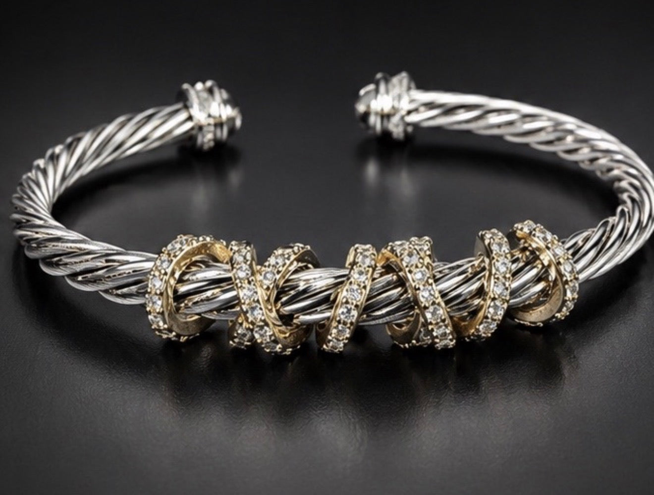 David Yurman Two-Tone Cable Cuff Bracelet with Pavé Accents size s/m