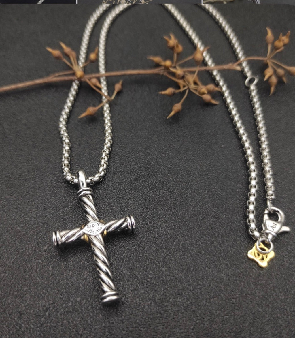 David Yurman X Cross Pendant Necklace — Sterling Silver & Gold, 20"