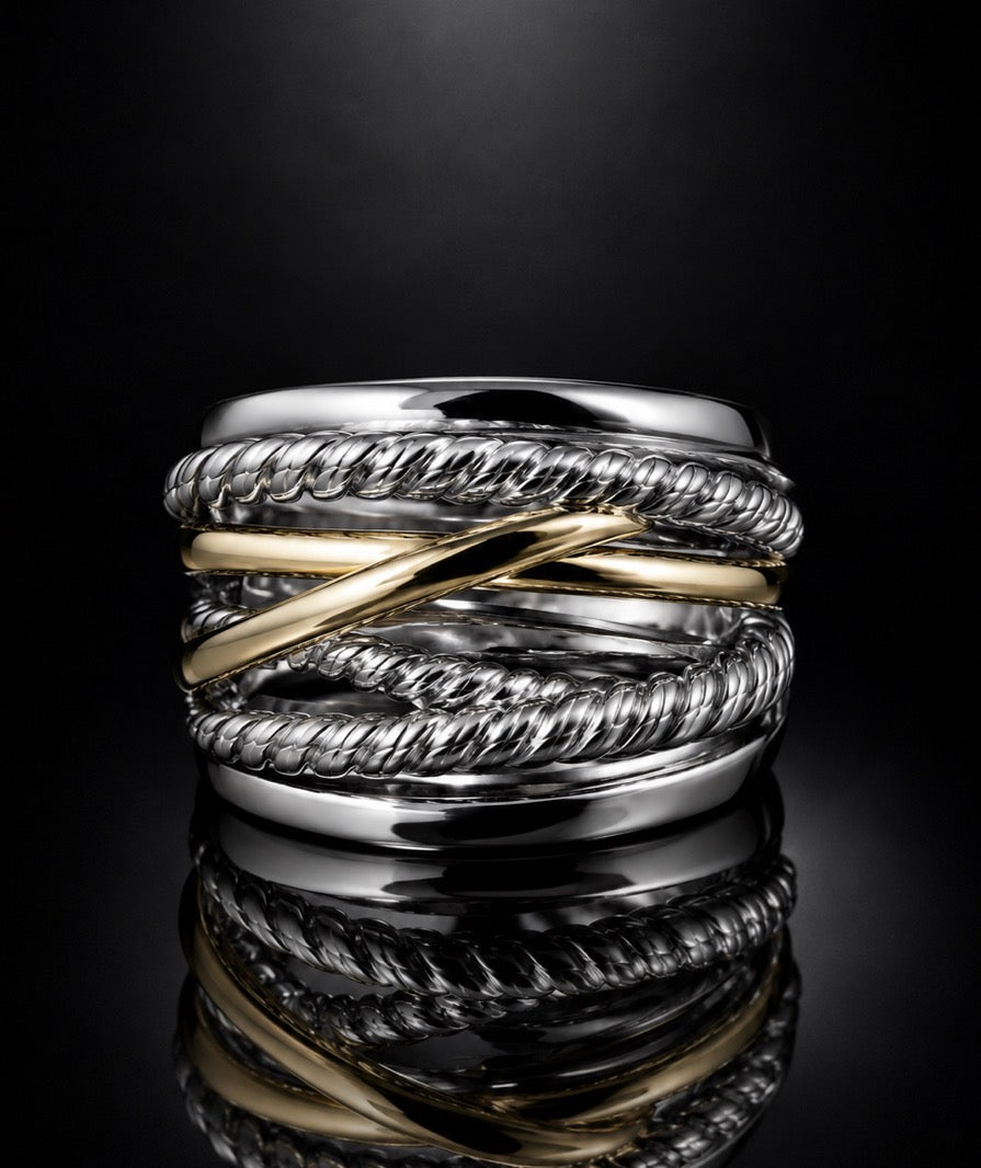 David Yurman Crossover Wide Ring — Sterling Silver & 18K Gold, Size 7