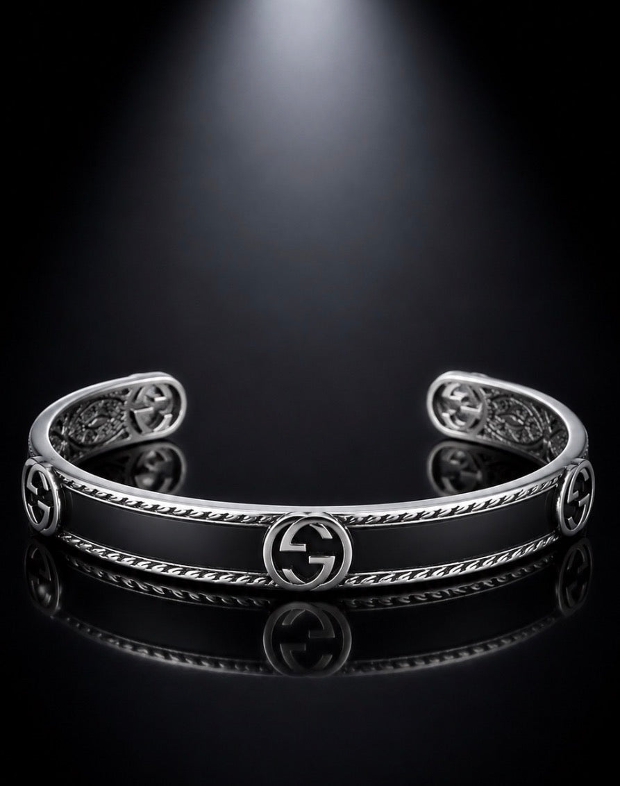 Gucci Interlocking G Cuff Bracelet — Silver & Black Enamel, Medium