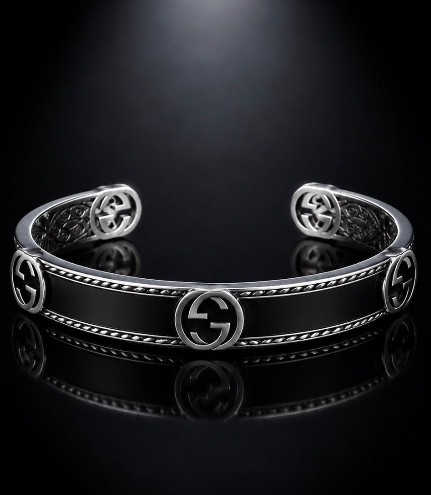 Gucci Interlocking G Cuff Bracelet — Silver & Black Enamel, Medium