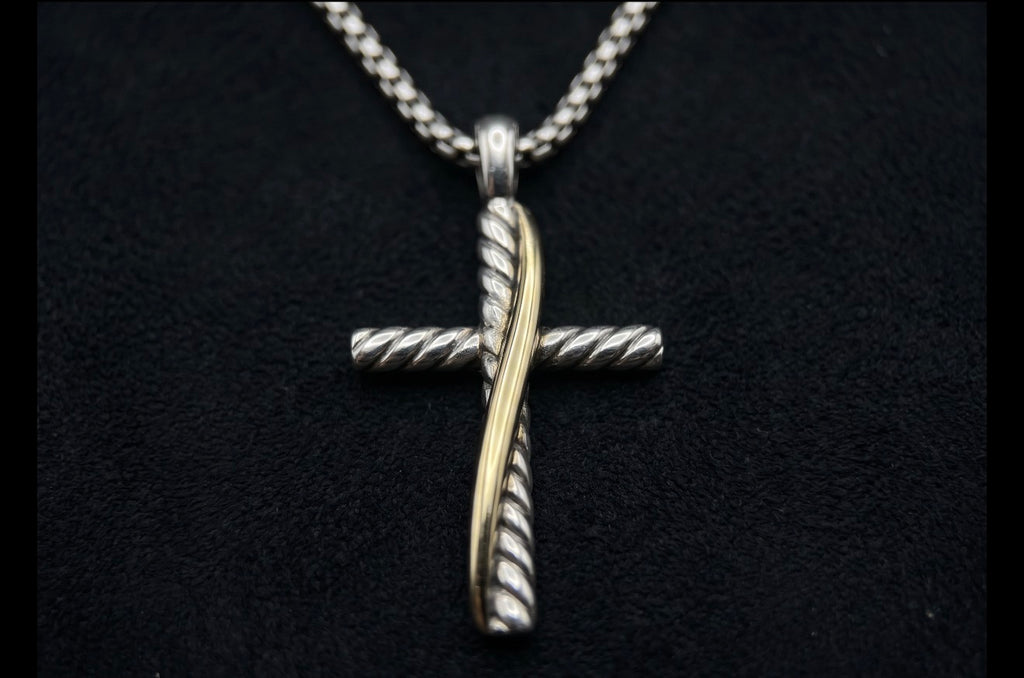 David Yurman Crossover Cross Necklace — Sterling Silver & 18k Gold, 20"