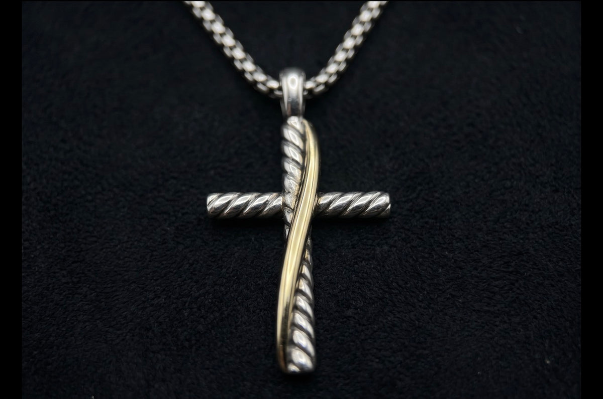 David Yurman Crossover Cross Necklace — Sterling Silver & 18k Gold, 20"