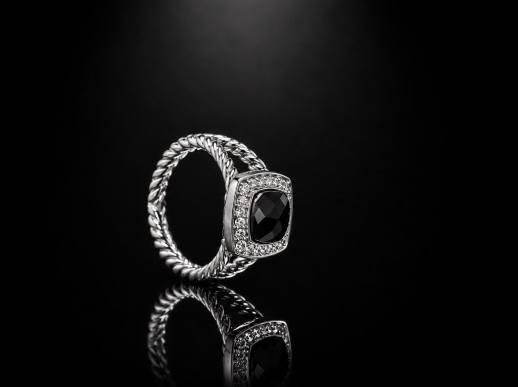 David Yurman Petite Wheaton Ring — Black Onyx & Diamonds, Size 7