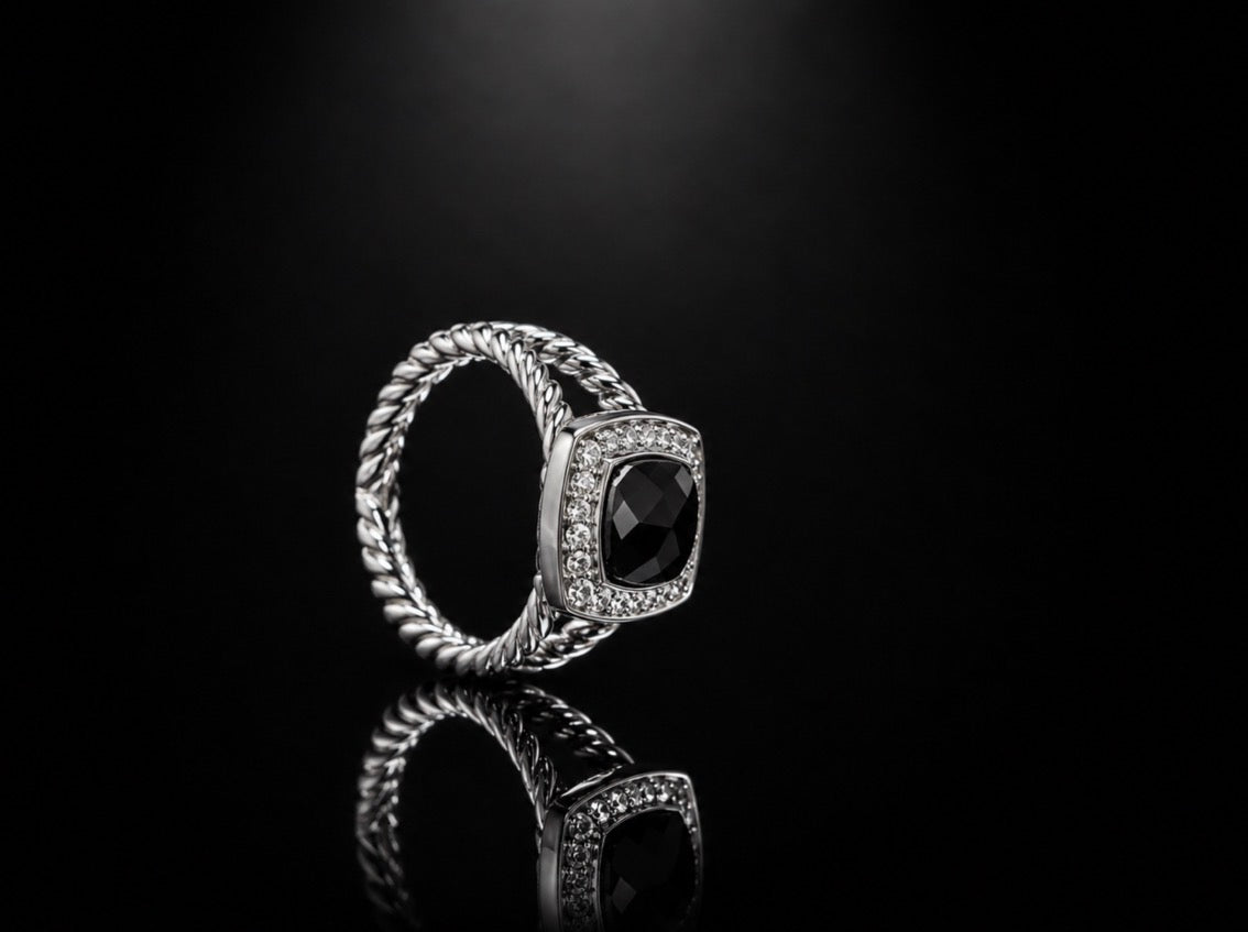 David Yurman Petite Wheaton Ring — Black Onyx & Diamonds, Size 7