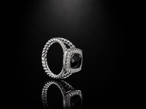 David Yurman Albion Ring — Black Onyx & Diamond Halo, Sterling Silver