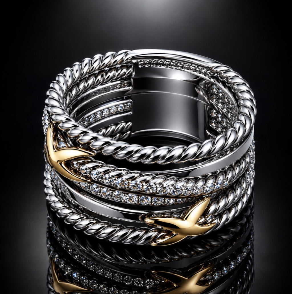David Yurman X Crossover Multi-Row Ring — Diamonds, Silver & 18K Gold, Size 7