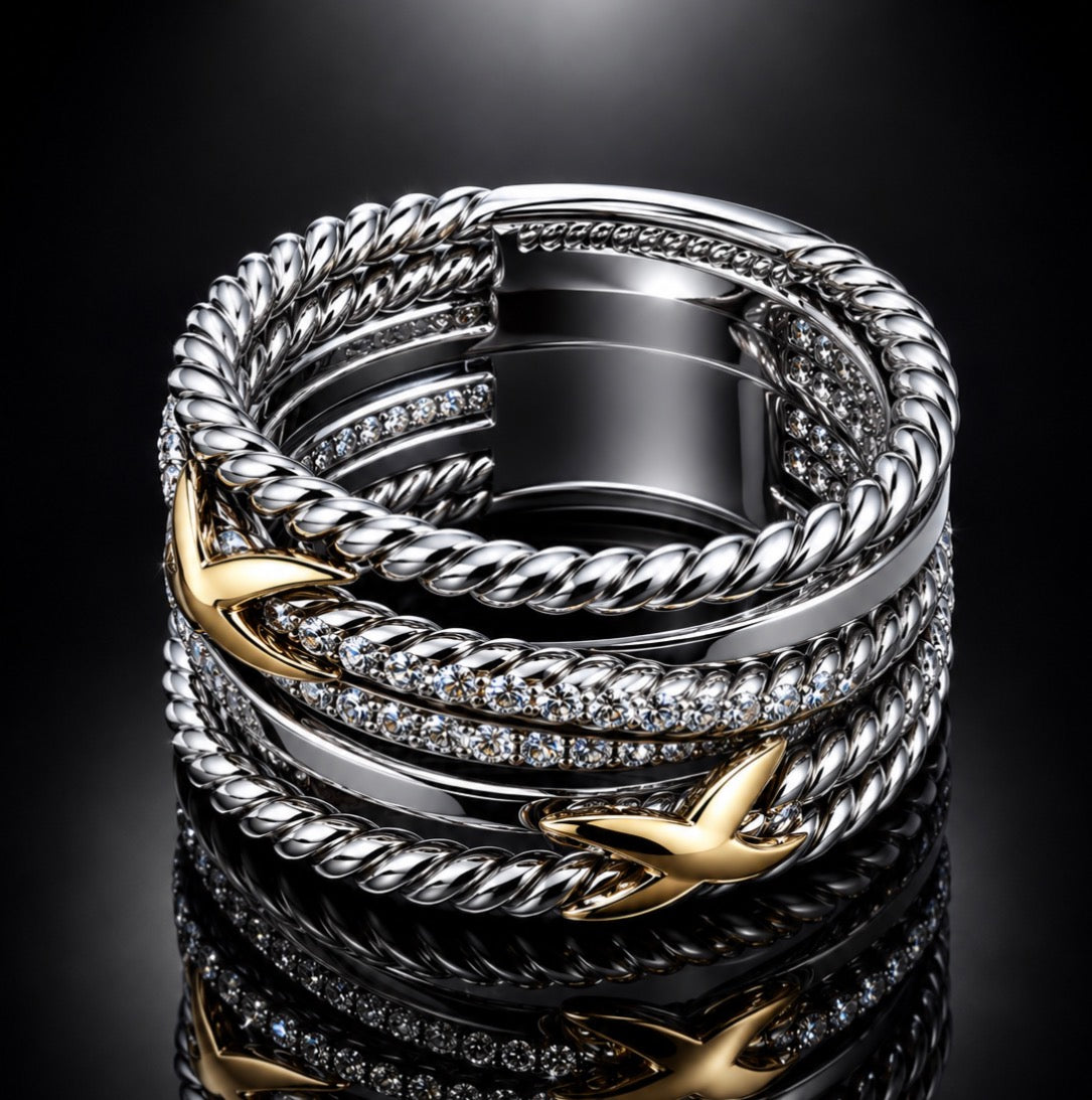 David Yurman X Crossover Multi-Row Ring — Diamonds, Silver & 18K Gold, Size 7