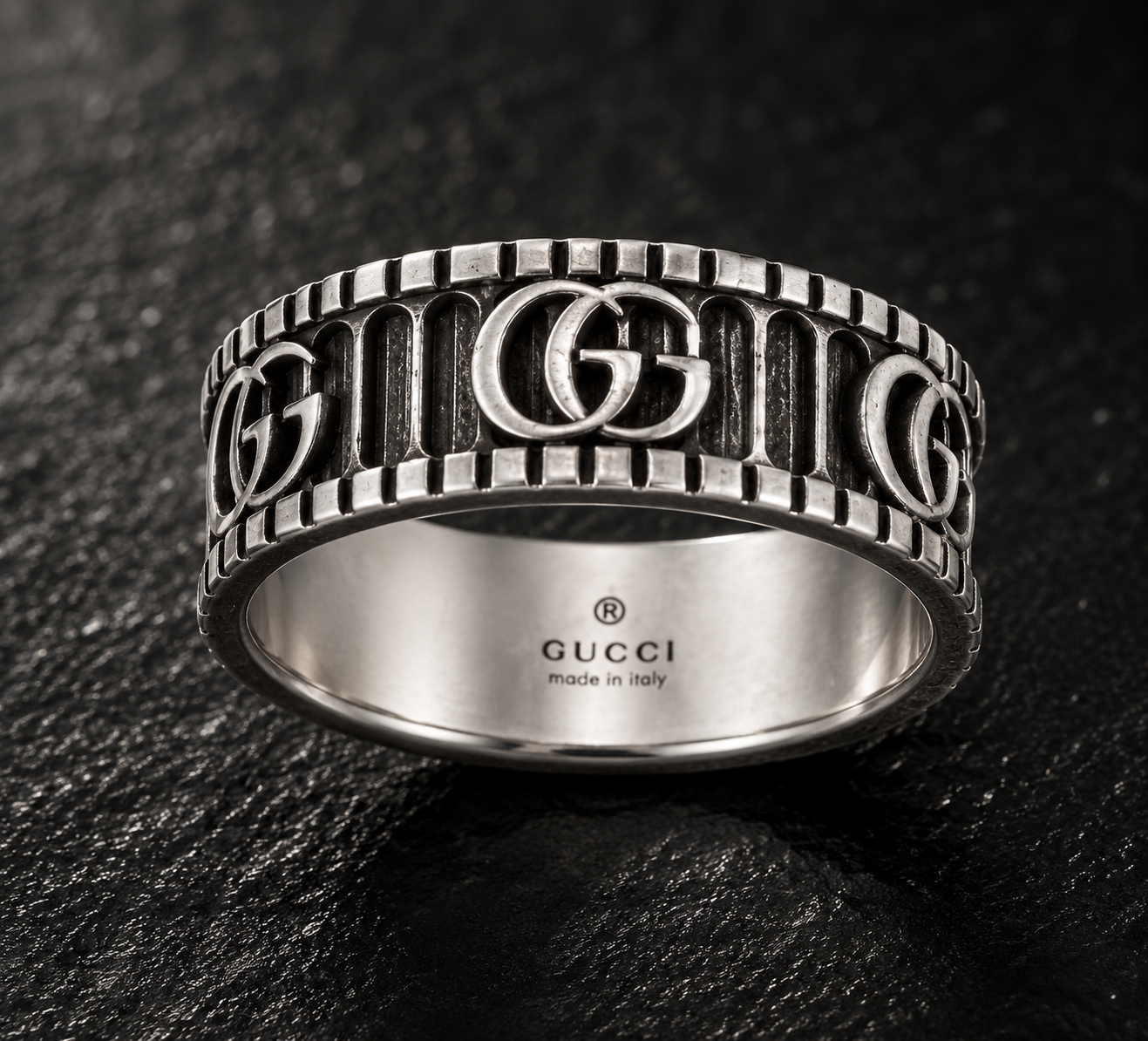 Gucci Double G Column Ring — Aged Sterling Silver, Size 7