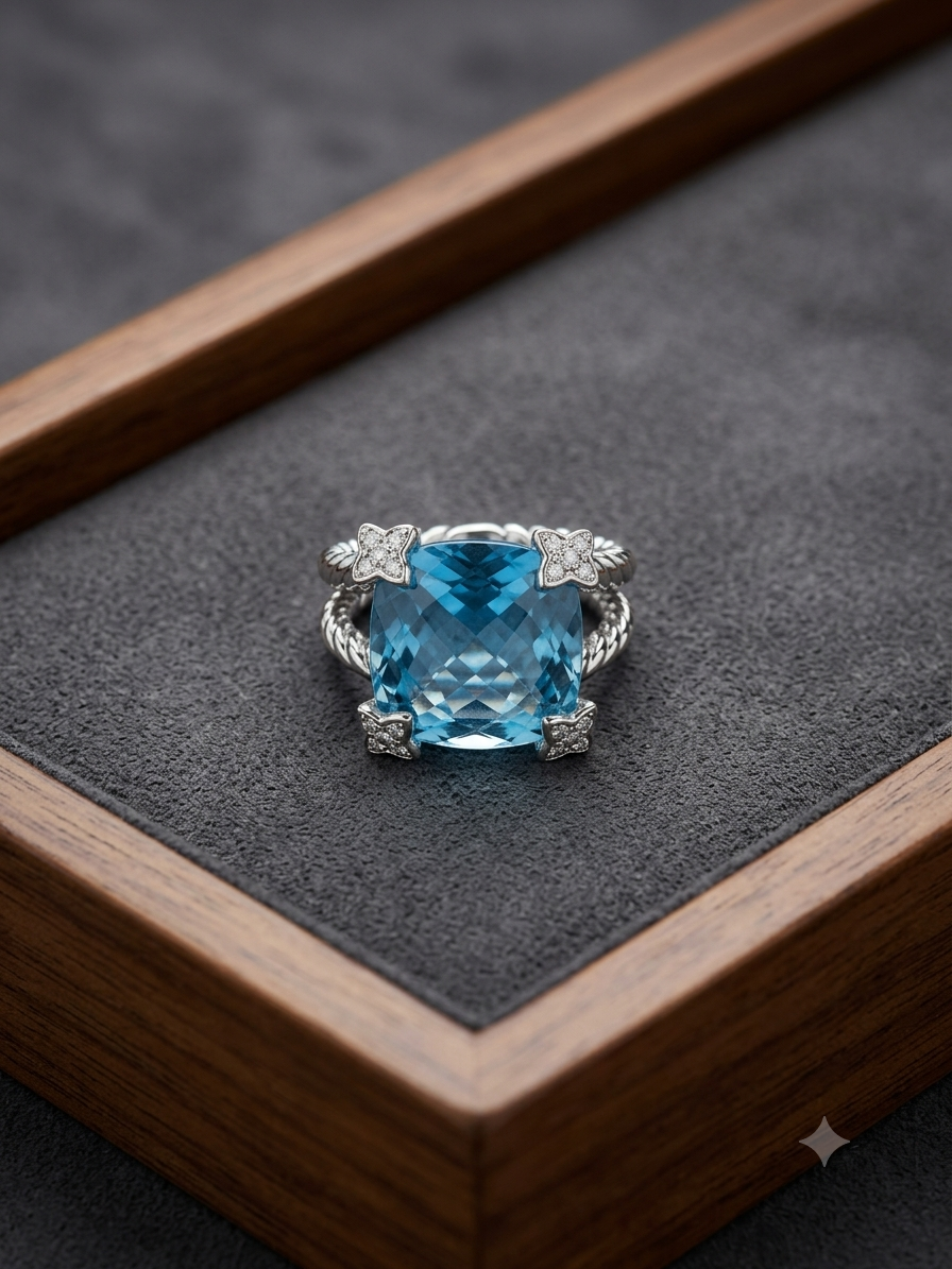 David Yurman Chatelaine Pavé Bezel Ring — Blue Topaz &amp; Diamonds, Size 7