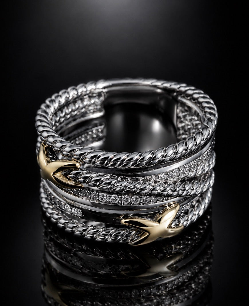 David Yurman X Crossover Multi-Row Ring — Diamonds, Silver & 18K Gold, Size 7