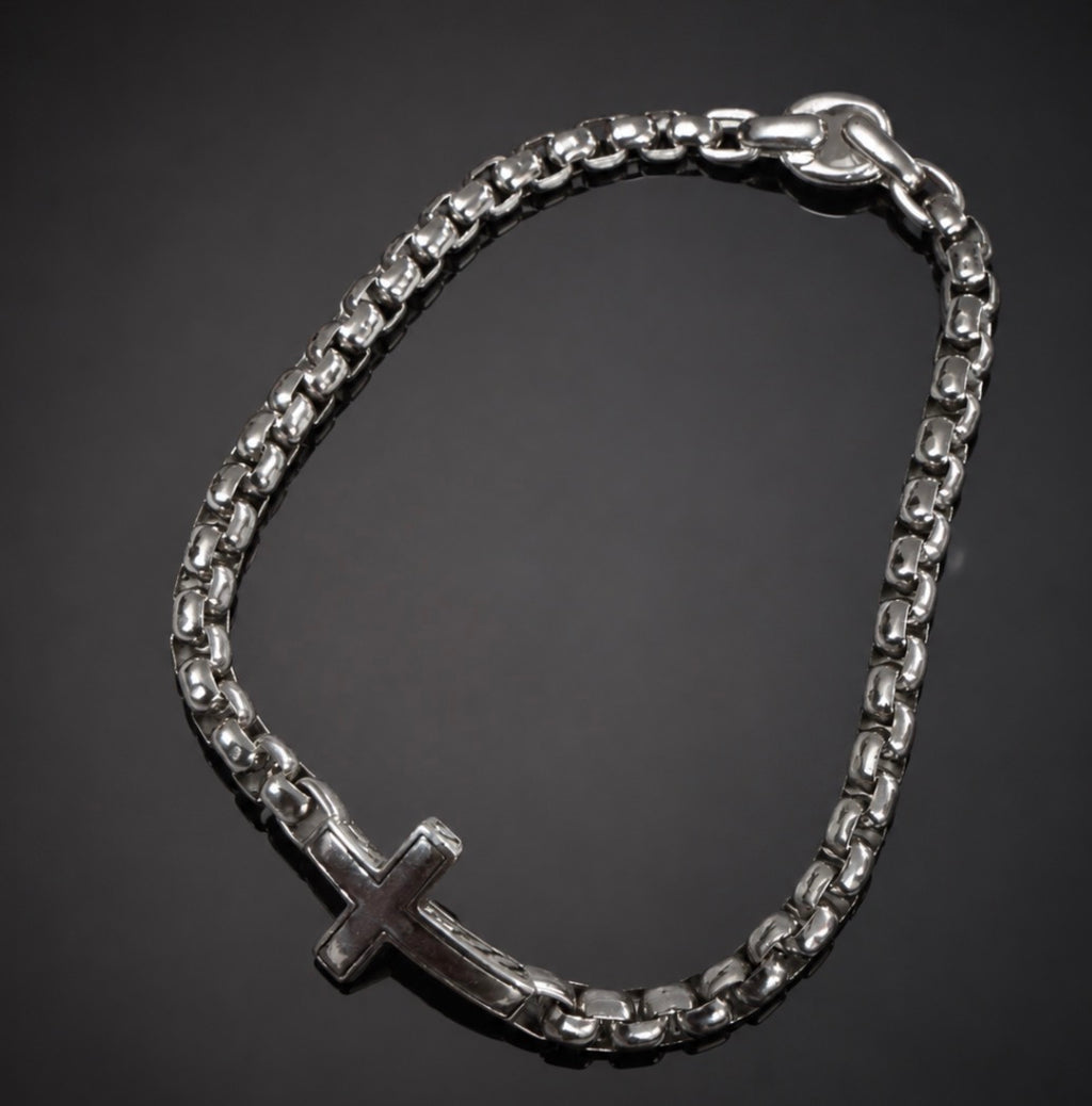 David Yurman Cross Station Bracelet — Sterling Silver Box Chain, 8.5"
