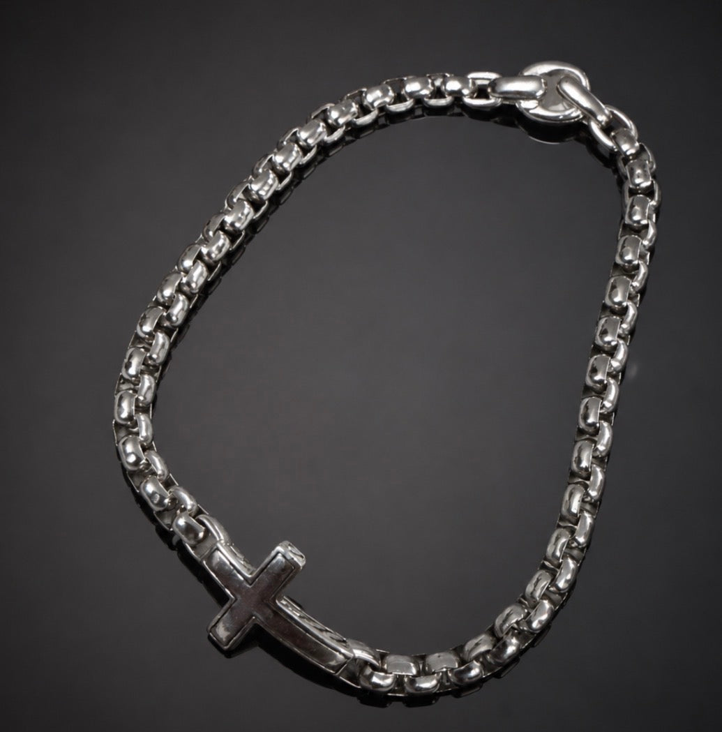 David Yurman Cross Station Bracelet — Sterling Silver Box Chain, 8.5"