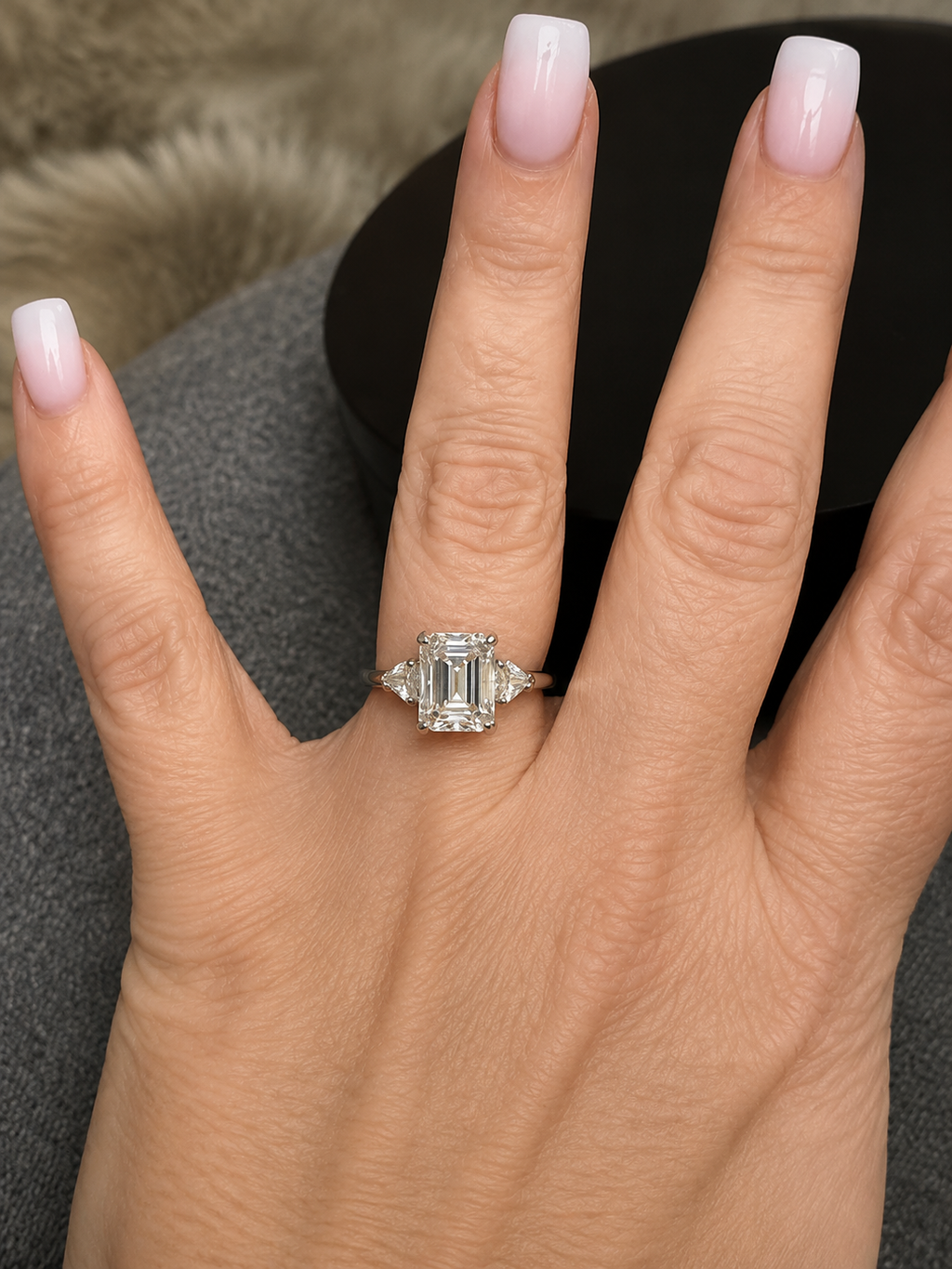 3 Carat Emerald-Cut Lab Diamond Three-Stone Ring — Platinum, IGI Certified, Size 7