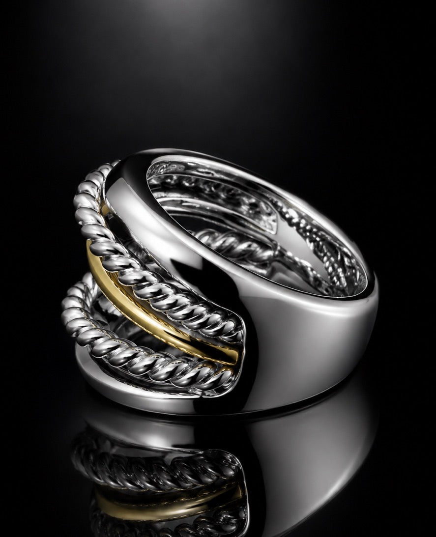David Yurman Crossover Wide Ring — Sterling Silver & 18K Gold, Size 7