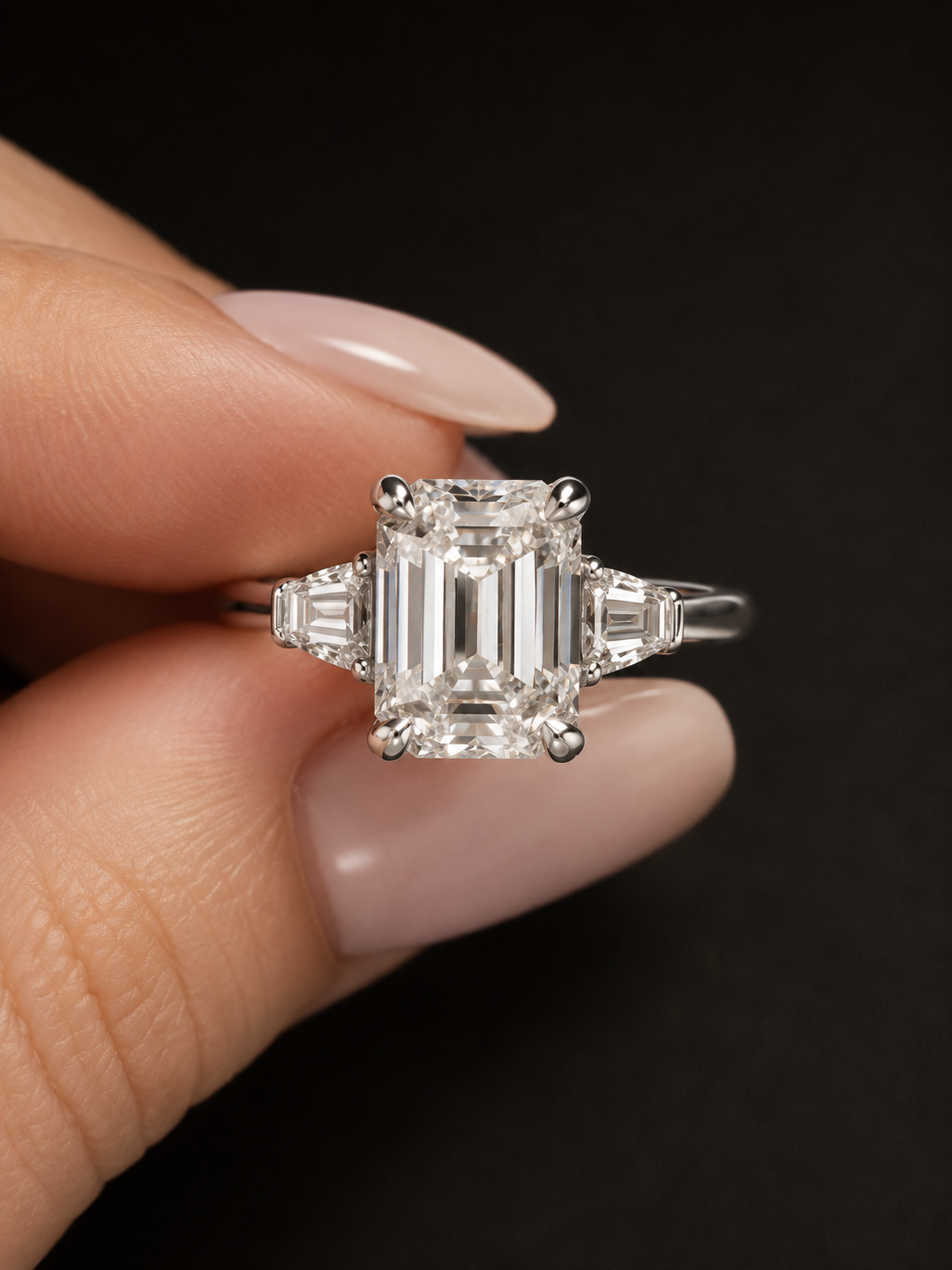 3 Carat Emerald-Cut Lab Diamond Three-Stone Ring — Platinum, IGI Certified, Size 7